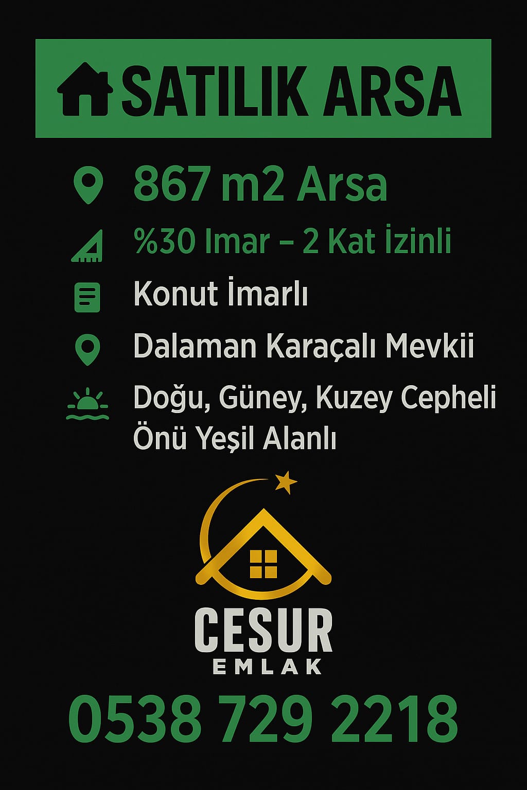 Dalaman Karaçalıda 3Cepheli Önü YeşilAlan 867m² Yatırım Fırsatı